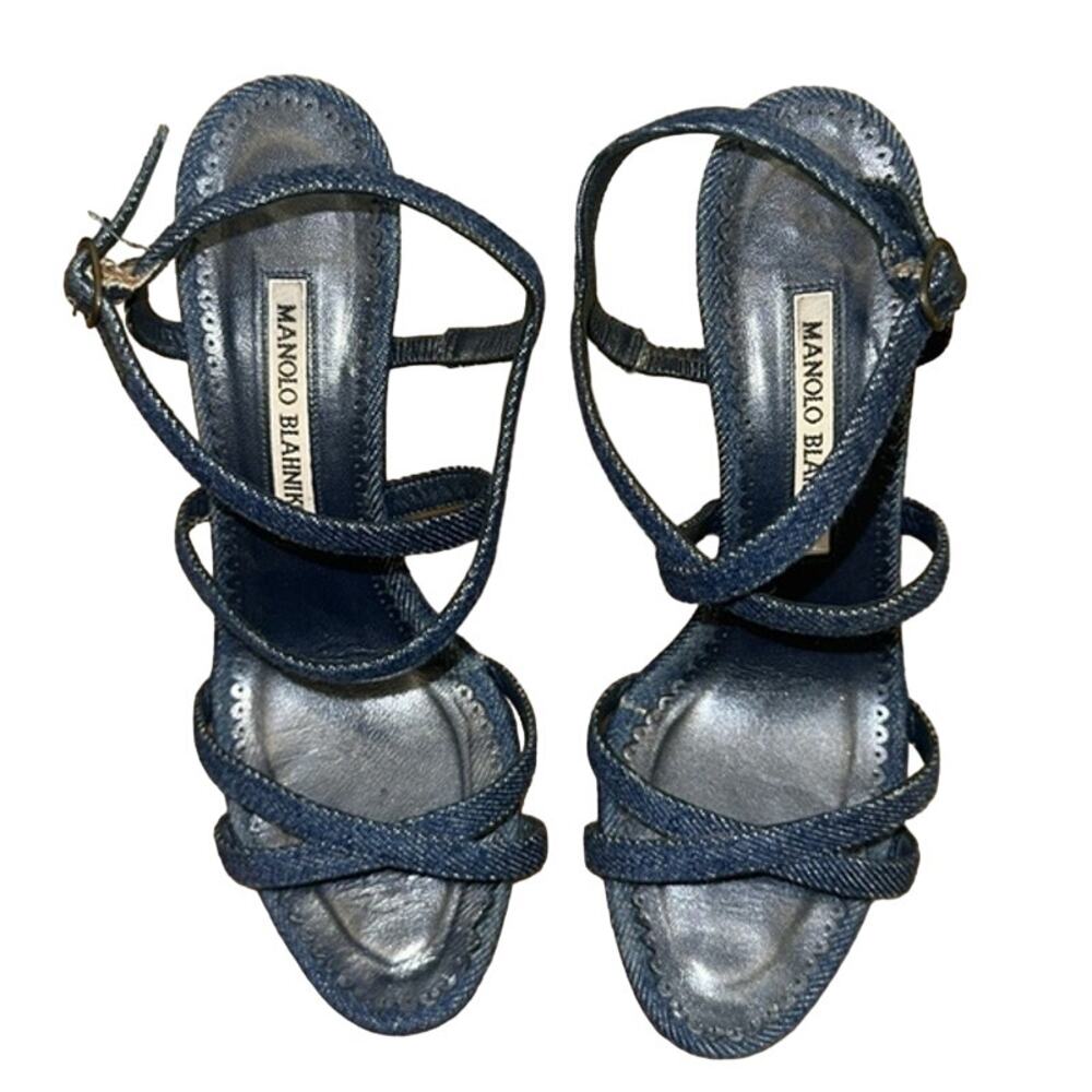 Manolo Blahnik Denim Crossover Heels